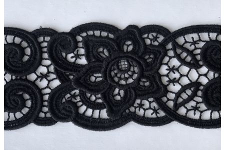 3" Exquisite Floral Black Cotton Venise Lace Trim (Made in Italy)